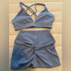 CSB Crop Shop Boutique Blue Gray V Neck Sports Bra and Booty Shorts Set Medium